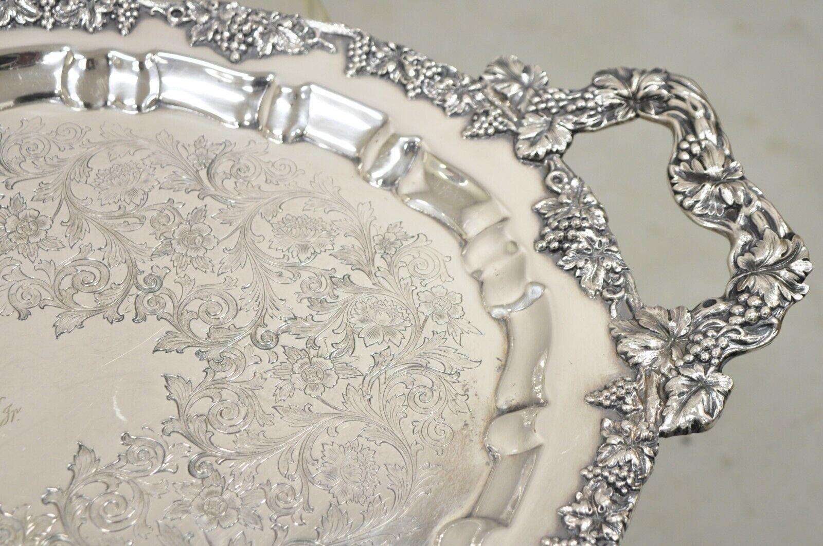 Antique English Victorian Silver Plated Ornate Grapevine Serving Platter Tray For Sale 3