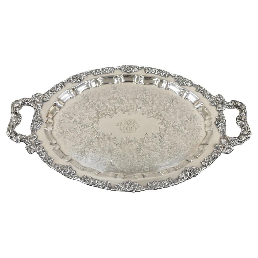 Antique English Victorian Silver Plated Ornate Grapevine Serving Platter Tray For Sale