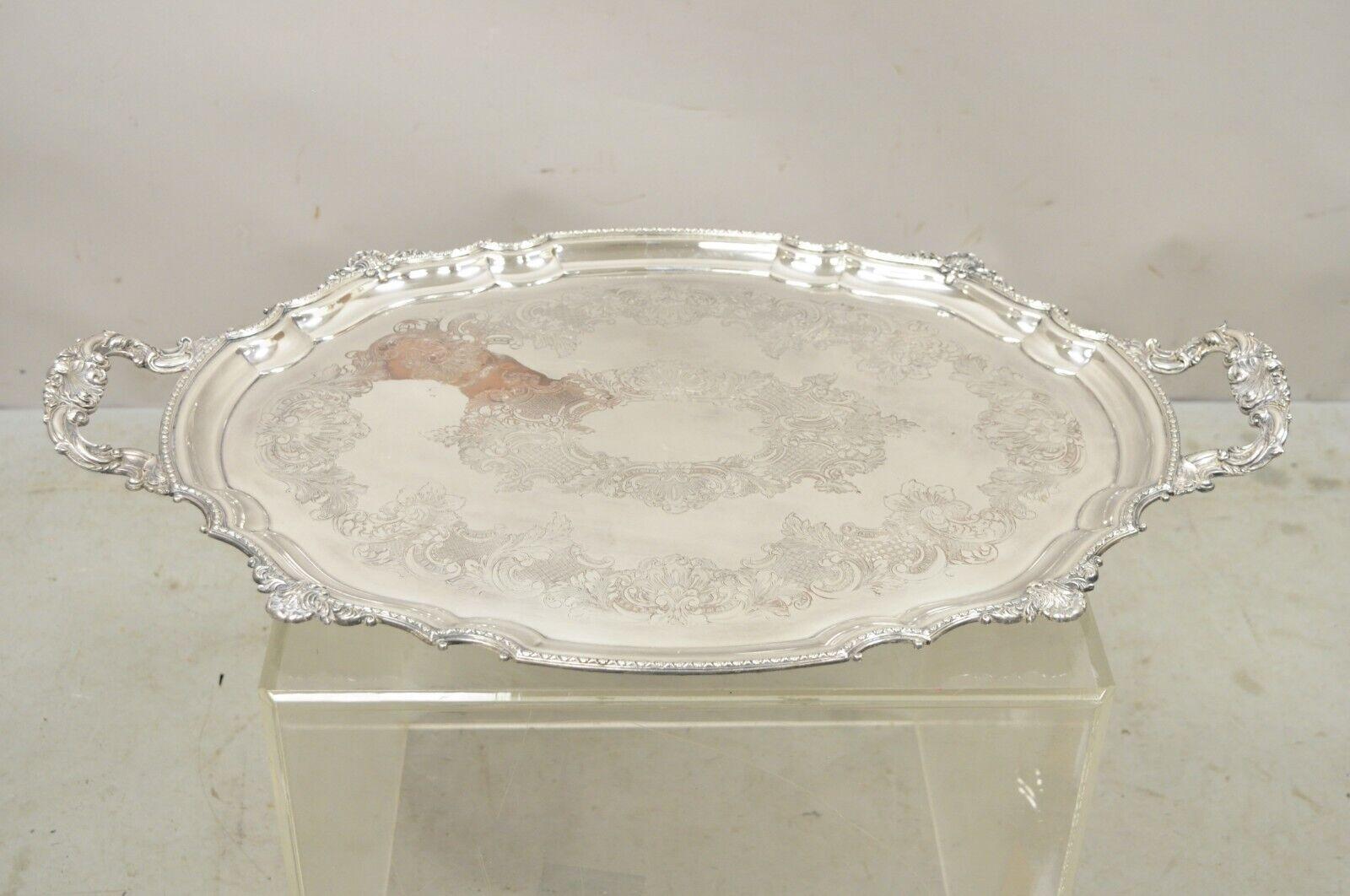 Antique English Victorian Silver Plated Ornate Oval Serving Platter Tray. Circa Early 1900s. Measurements: 2
