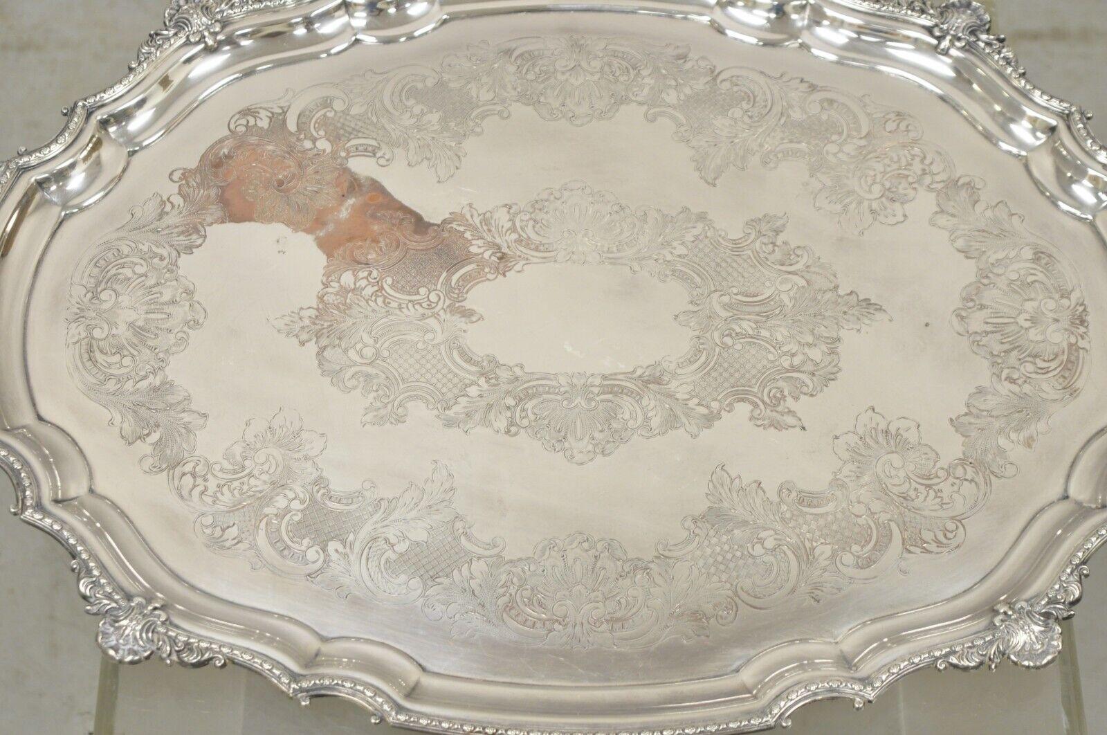 Antique English Victorian Silver Plated Ornate Oval Serving Platter Tray For Sale 1