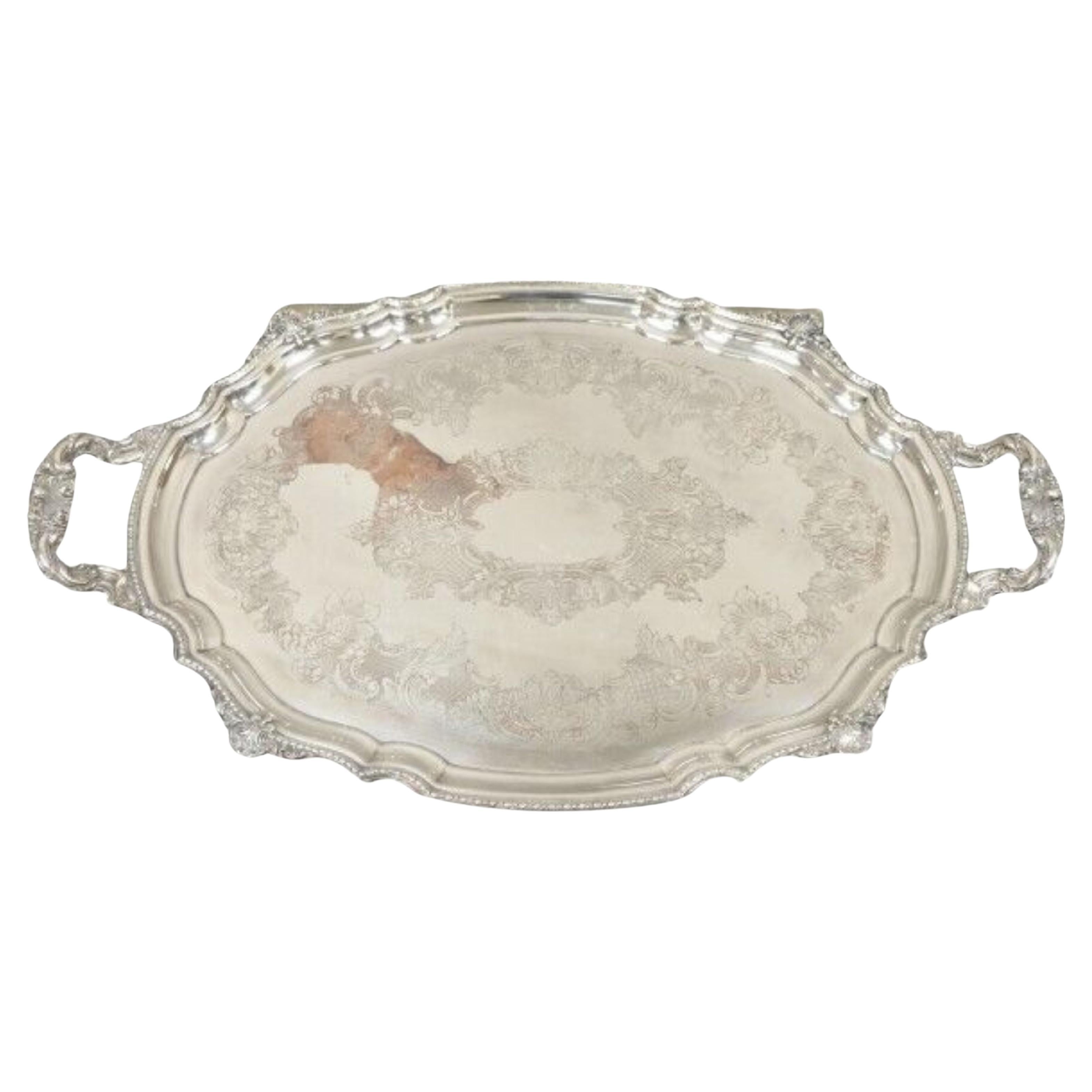 Antique English Victorian Silver Plated Ornate Oval Serving Platter Tray For Sale