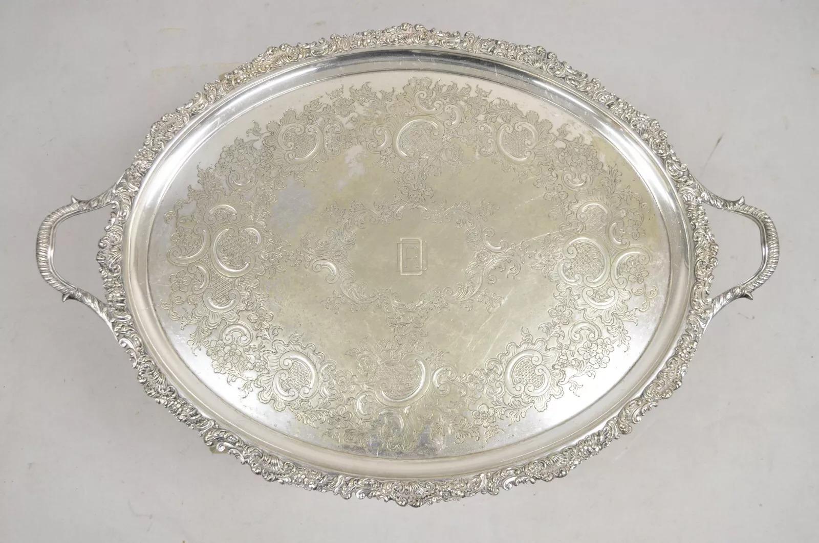 Antigua bandeja ovalada victoriana inglesa bañada en plata con monograma 