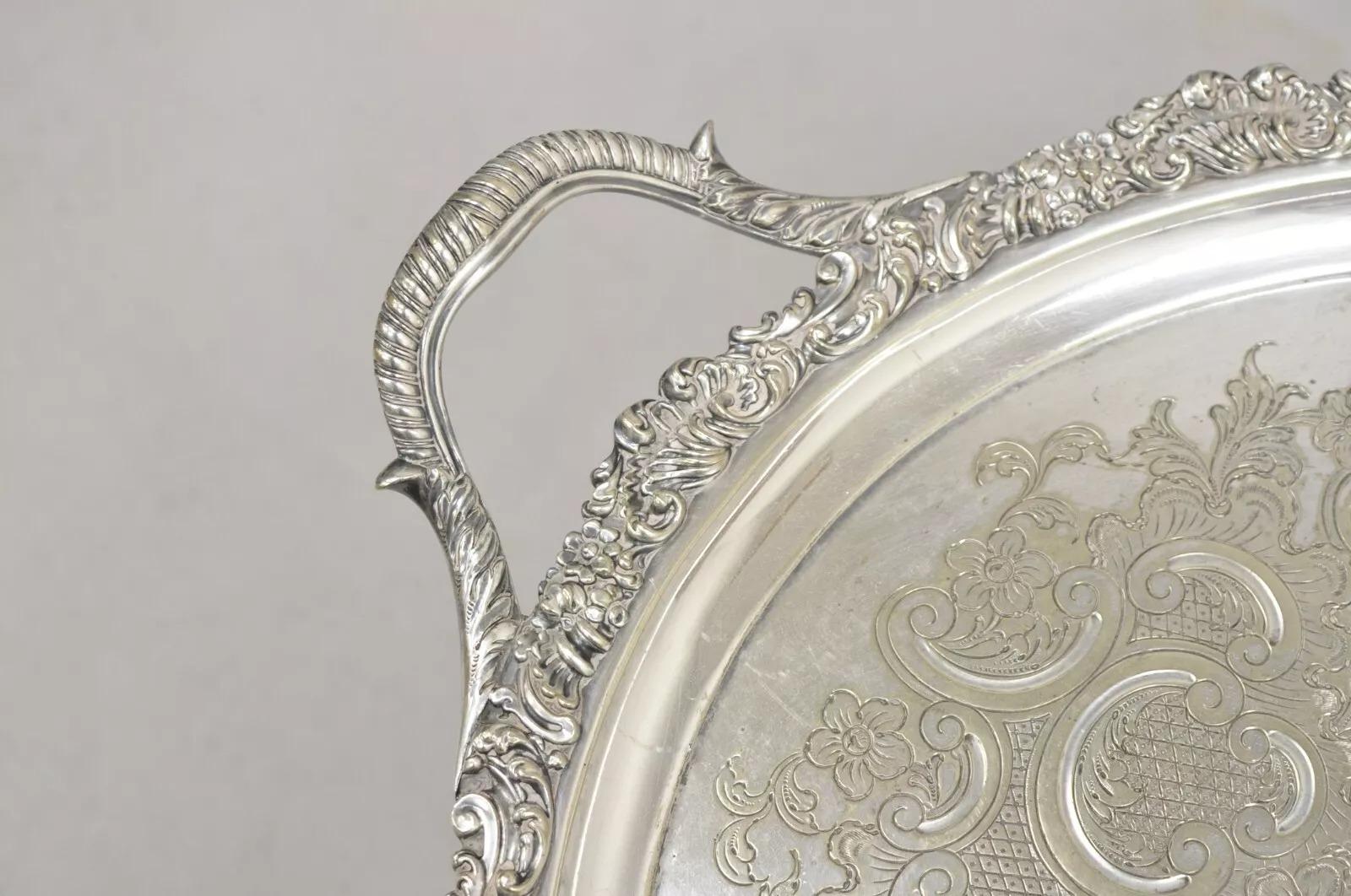 Antigua bandeja ovalada victoriana inglesa bañada en plata con monograma 