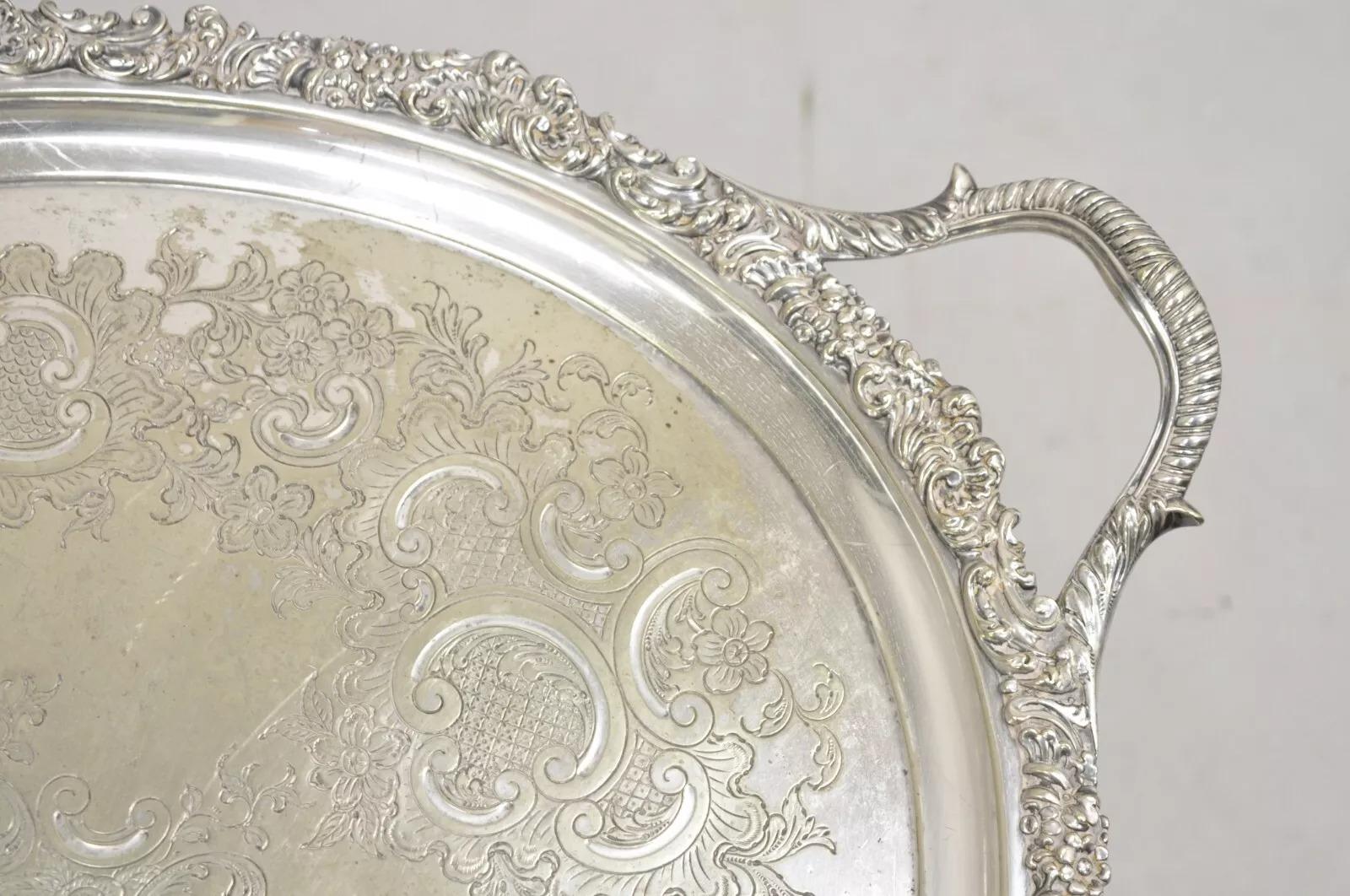 Antigua bandeja ovalada victoriana inglesa bañada en plata con monograma 