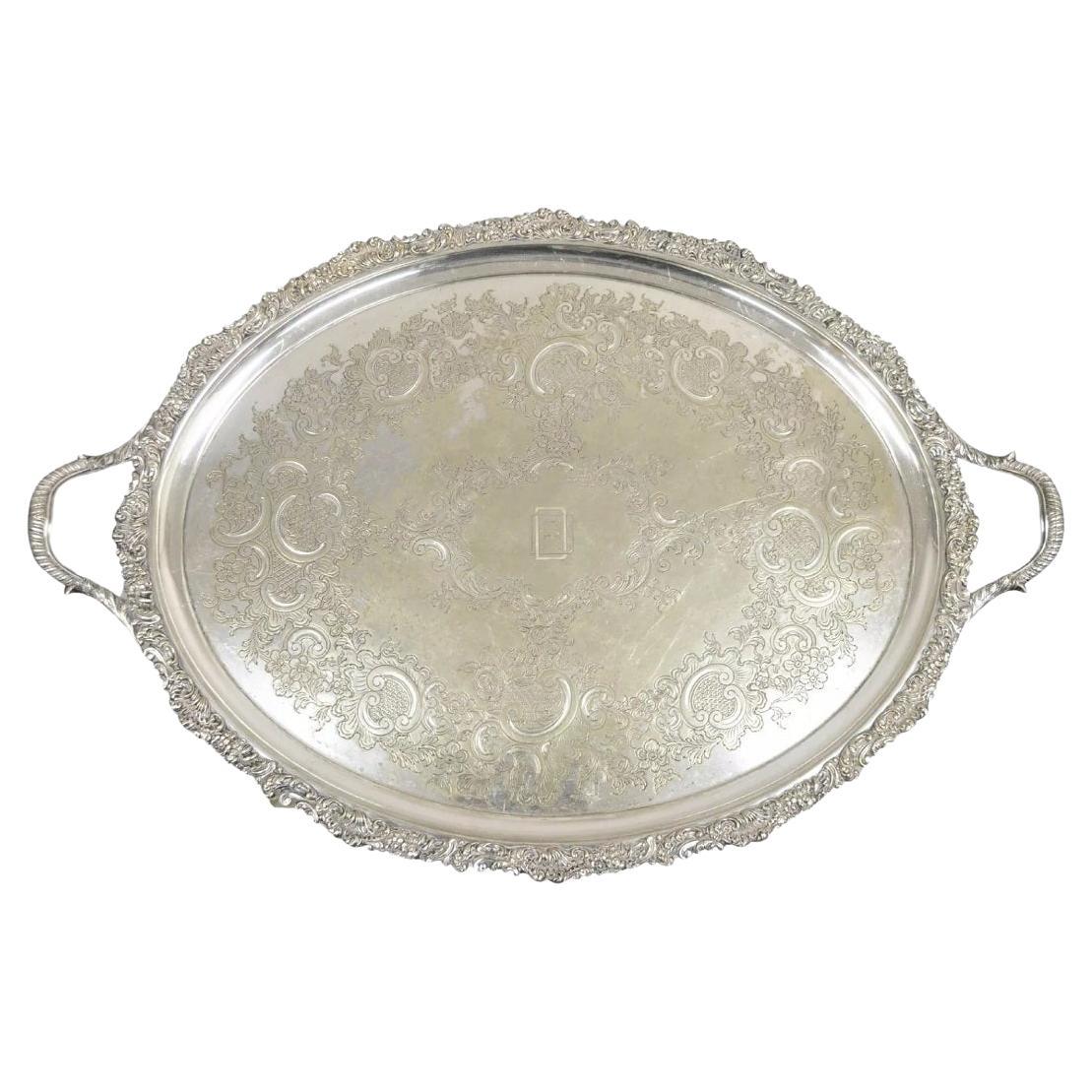 Antigua bandeja ovalada victoriana inglesa bañada en plata con monograma "RDD en venta