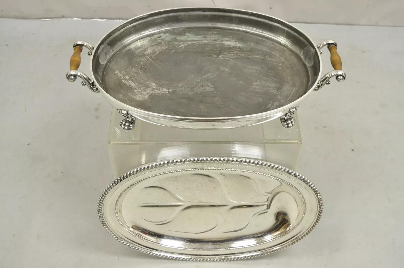Antikes englisches viktorianisches versilbertes Tafelgeschirr-Tablett mit Pfotenfüßen und Chaffing-Schale im Angebot 3