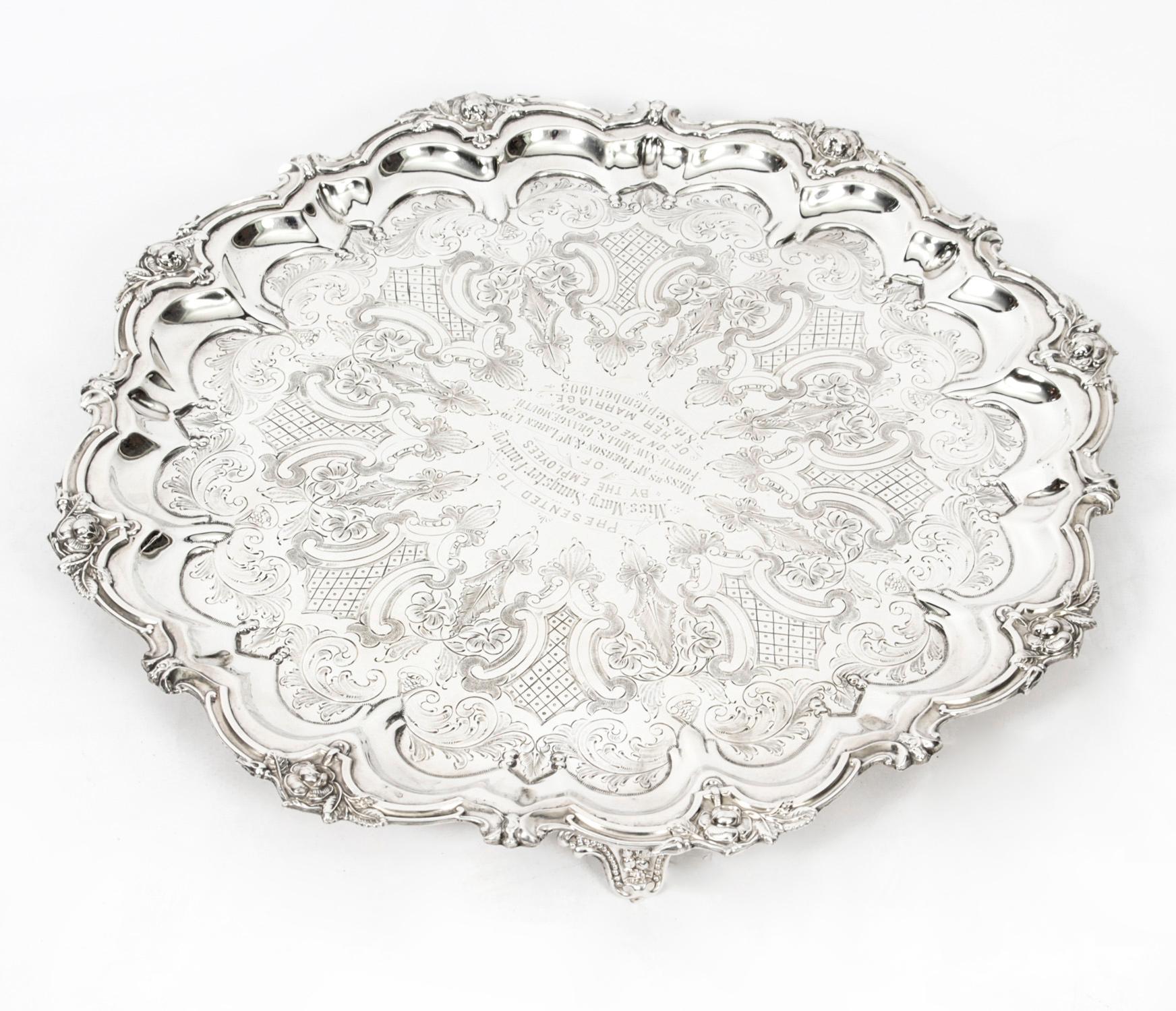 Antique English Victorian Silver Plated Salver Large, 19th Century 3