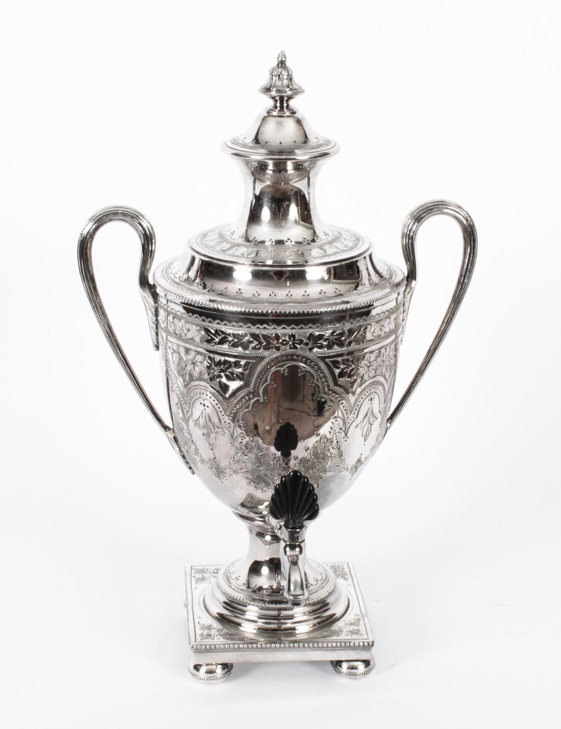 This is a wonderful antique silver plated Victorian Neo-classical Samovar, bearing the makers mark Pearce & Sons, circa 1880 in date.
 
It has beautiful embossed floral decoration on the baluster form body with a detachable cover and tea