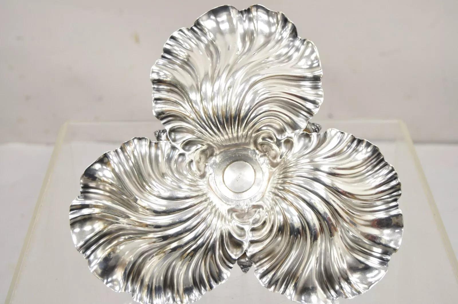 Antico piatto da caramelle nautico inglese vittoriano placcato in argento con tripla conchiglia di vongola in vendita 1