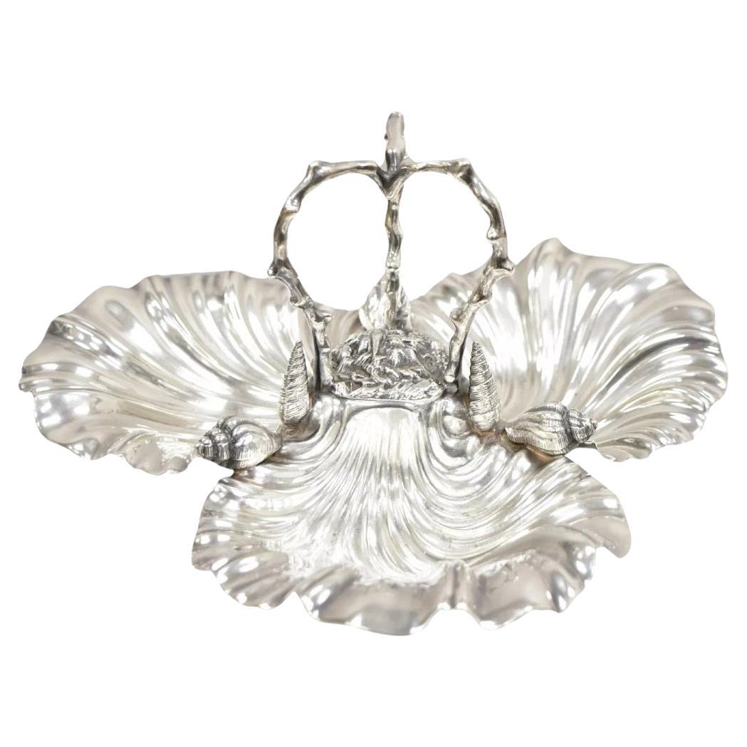 Antigua dulcera náutica inglesa victoriana chapada en plata con triple concha de almeja