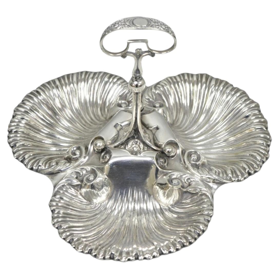 Antique English Victorian Silver Plated Triple Clam Shell Nautical Candy Dish