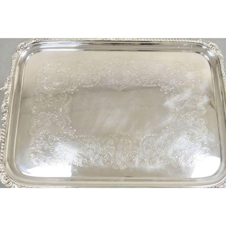 Antique English Victorian Silver Plated Twin Handle Serving Platter Tray In Good Condition For Sale In Philadelphia, PA