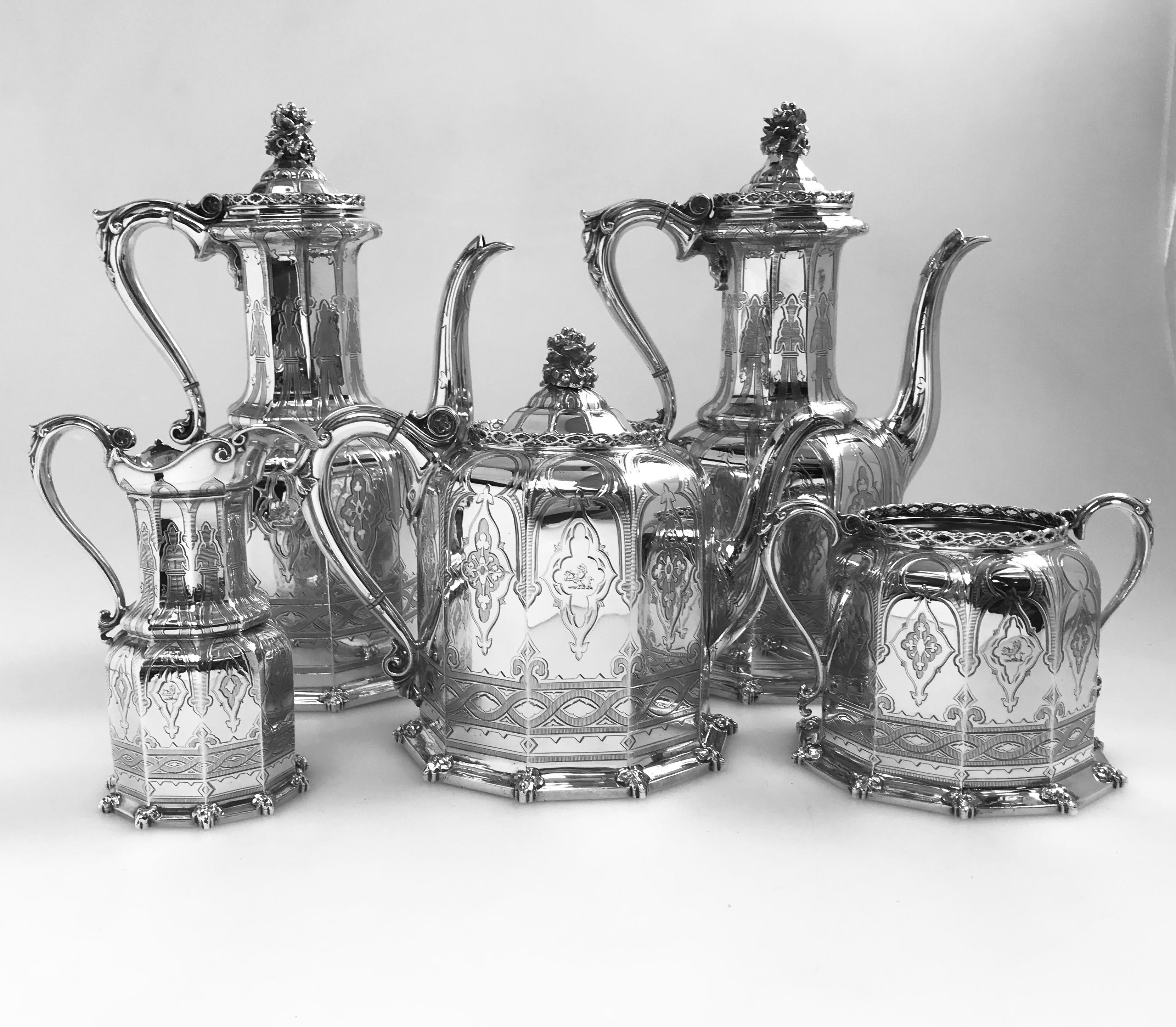Gothic Antique English Victorian Silver Tea and Coffee Service
