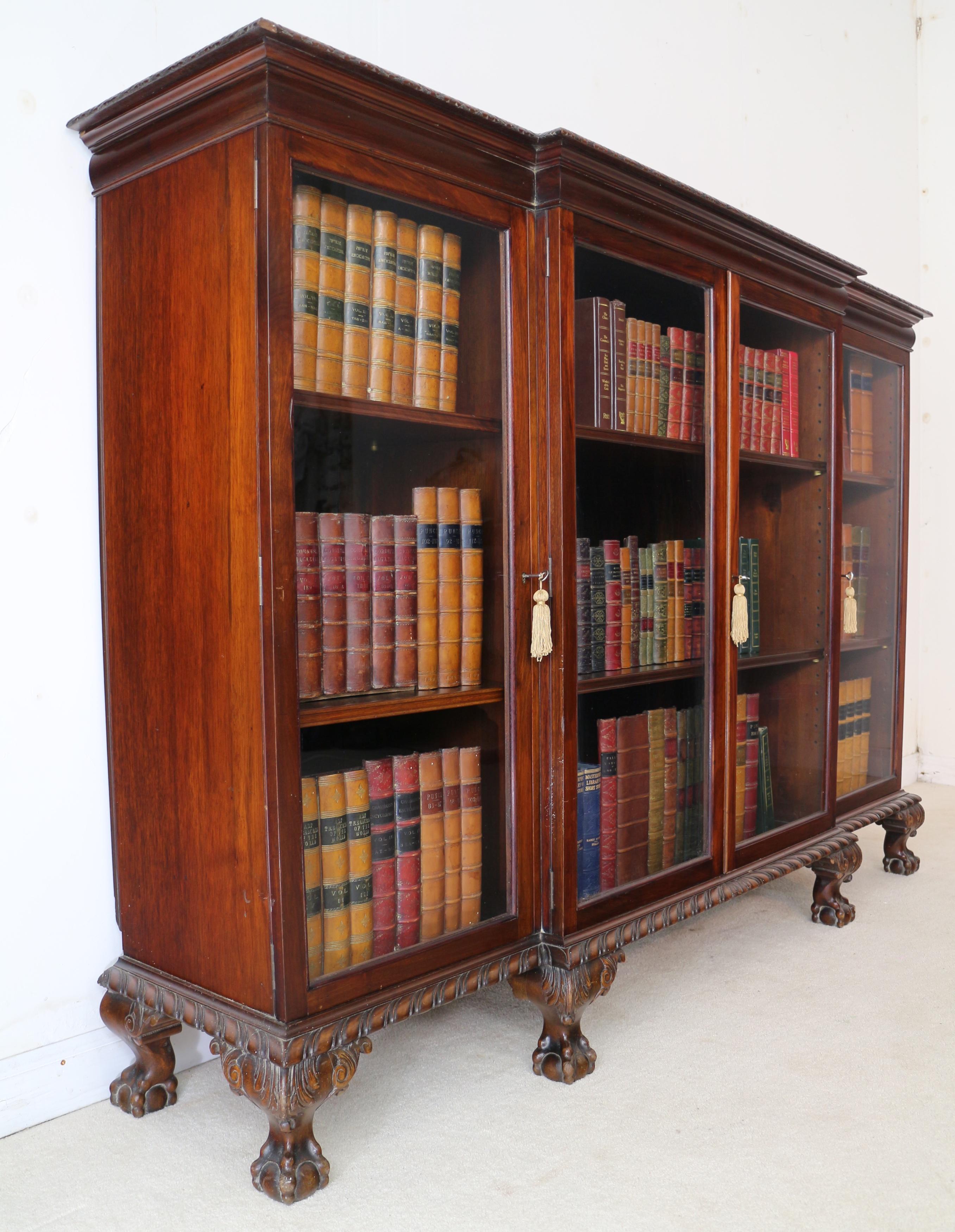 Antique English Victorian Solid Mahogany Carved Glazed Breakfront Dwarf Bookcase 5
