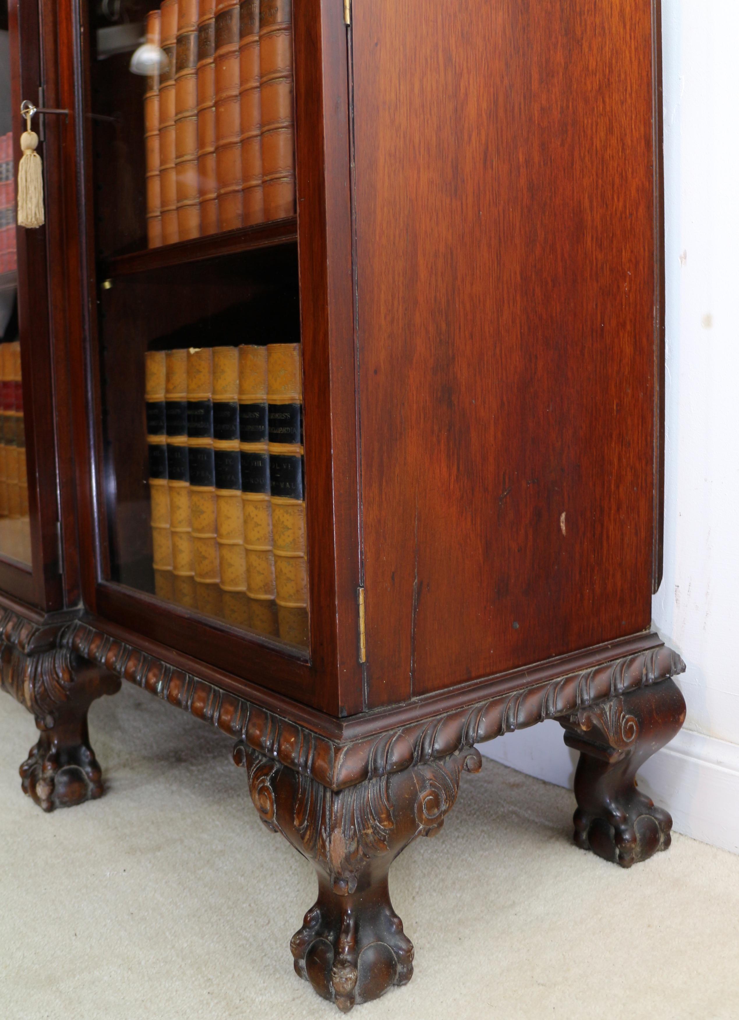 Antique English Victorian Solid Mahogany Carved Glazed Breakfront Dwarf Bookcase 7