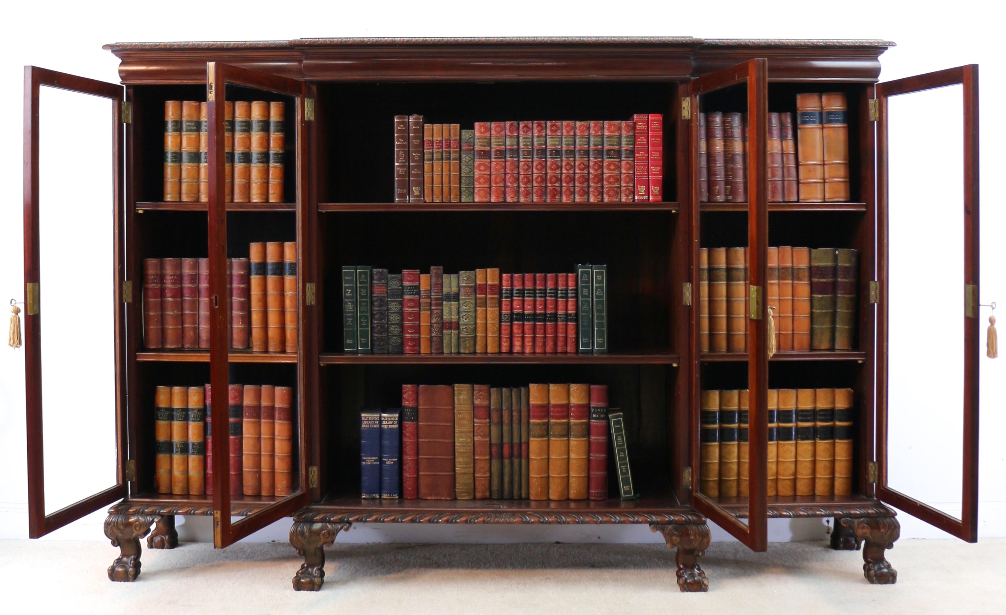 Antique English Victorian Solid Mahogany Carved Glazed Breakfront Dwarf Bookcase 8