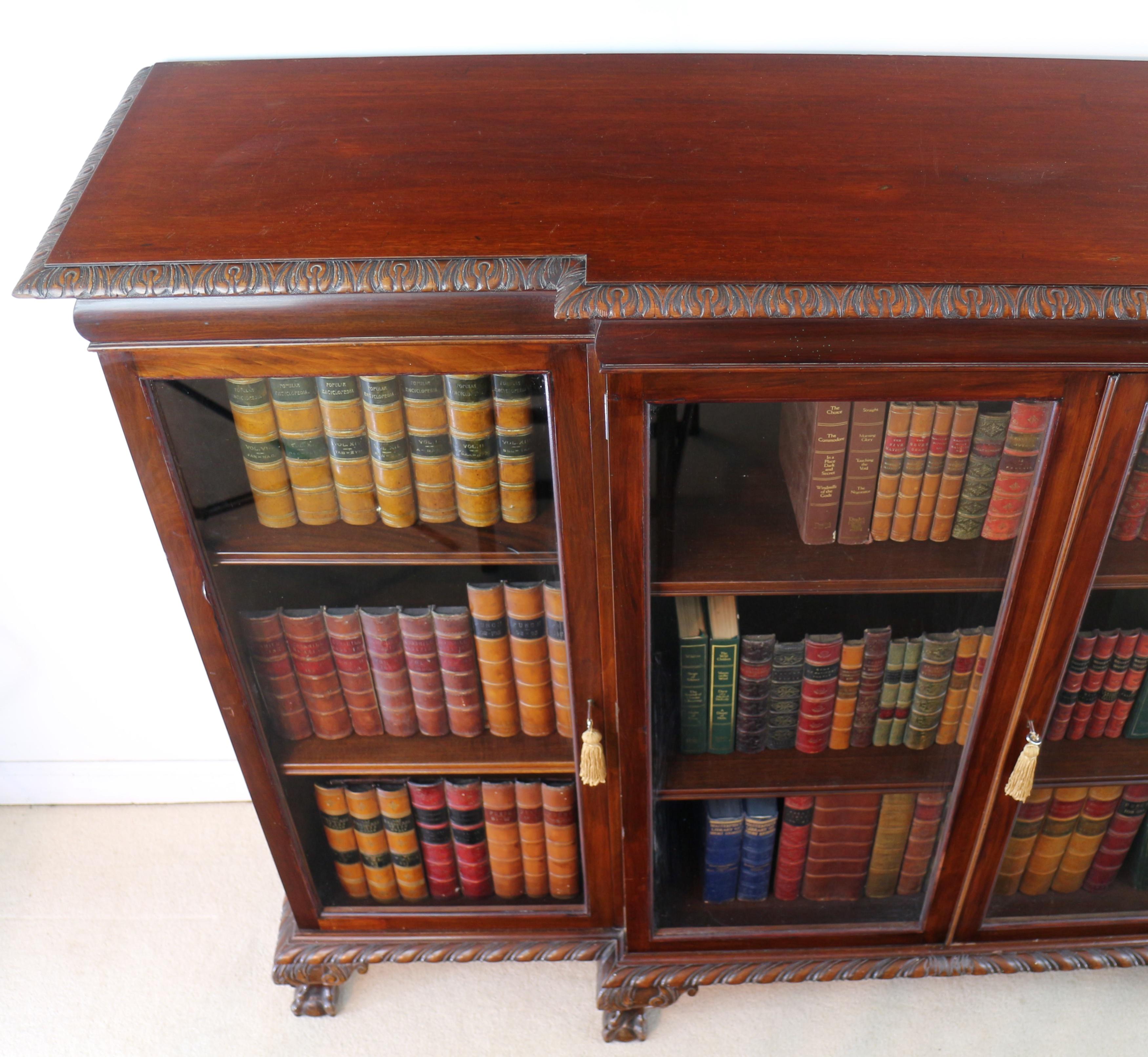 Antique English Victorian Solid Mahogany Carved Glazed Breakfront Dwarf Bookcase 9