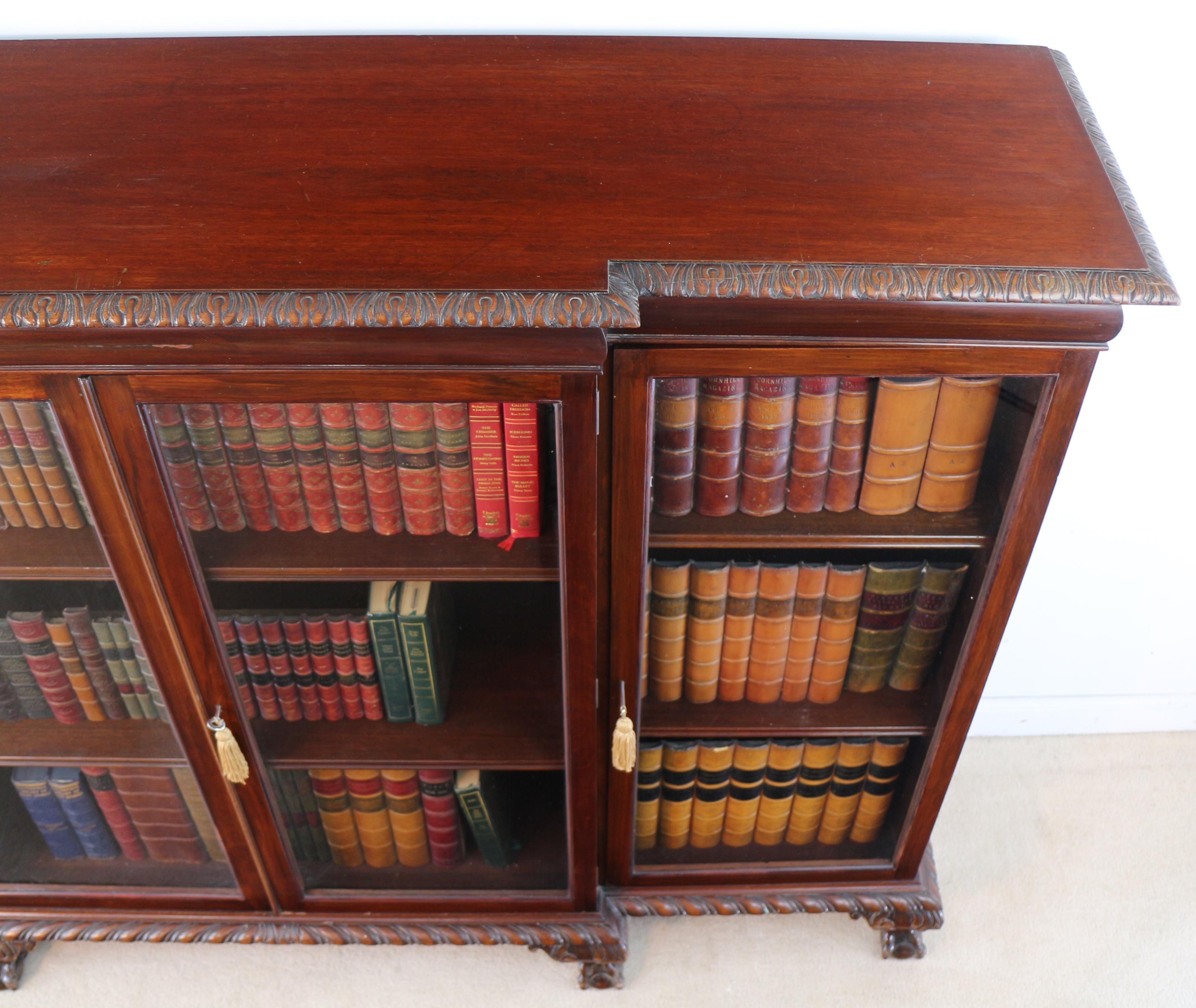 Antique English Victorian Solid Mahogany Carved Glazed Breakfront Dwarf Bookcase 10