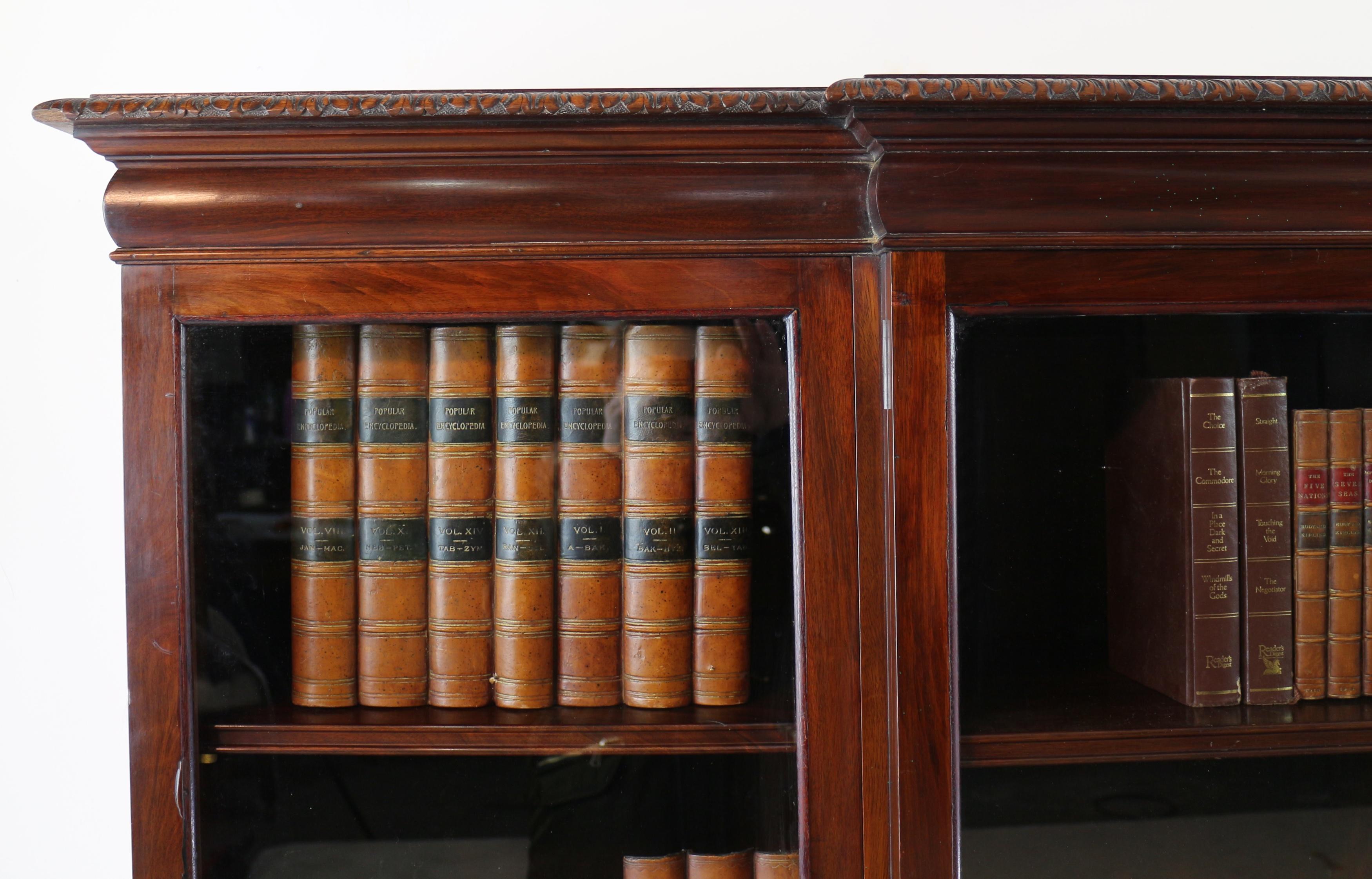 Chippendale Antique English Victorian Solid Mahogany Carved Glazed Breakfront Dwarf Bookcase