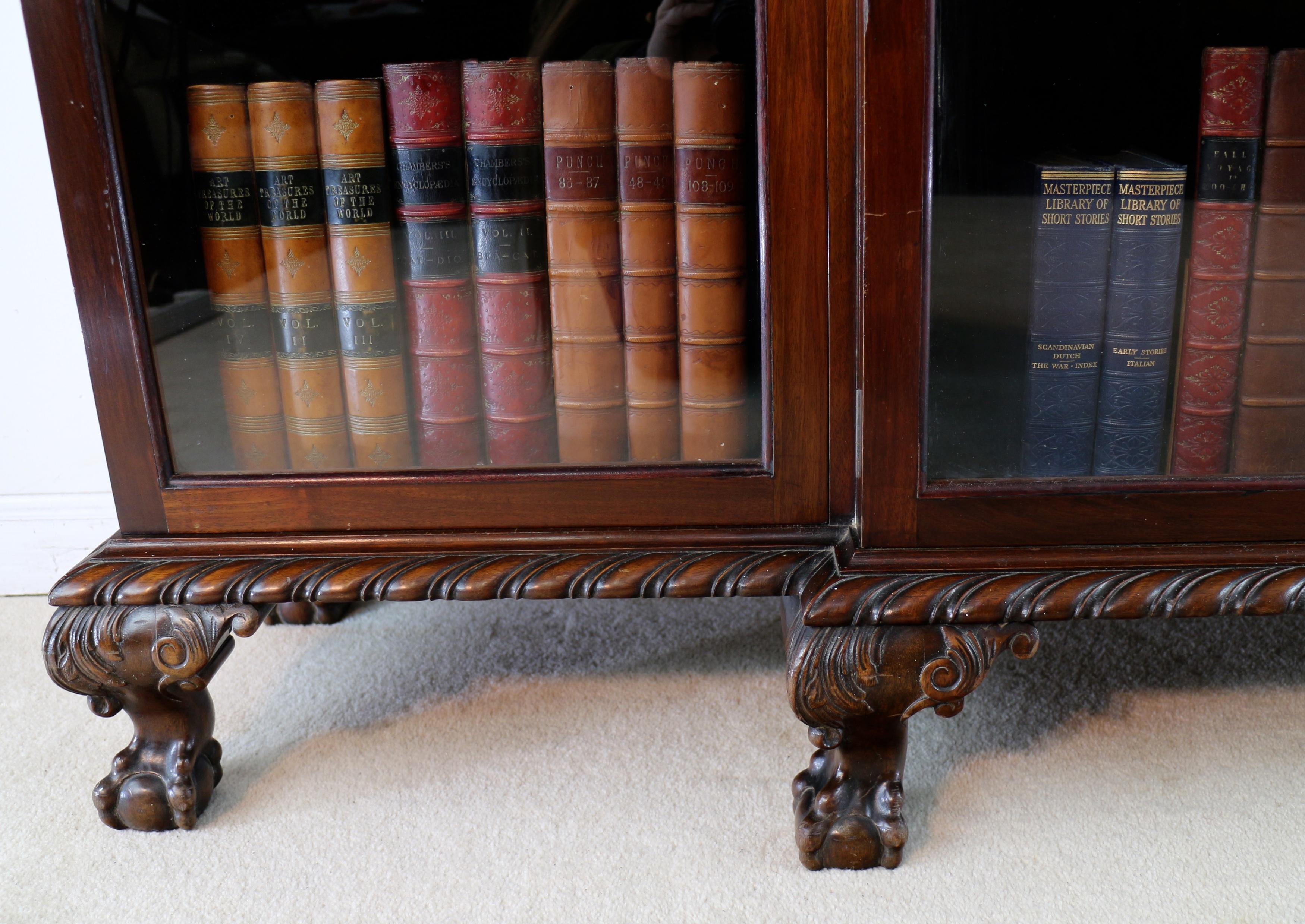19th Century Antique English Victorian Solid Mahogany Carved Glazed Breakfront Dwarf Bookcase