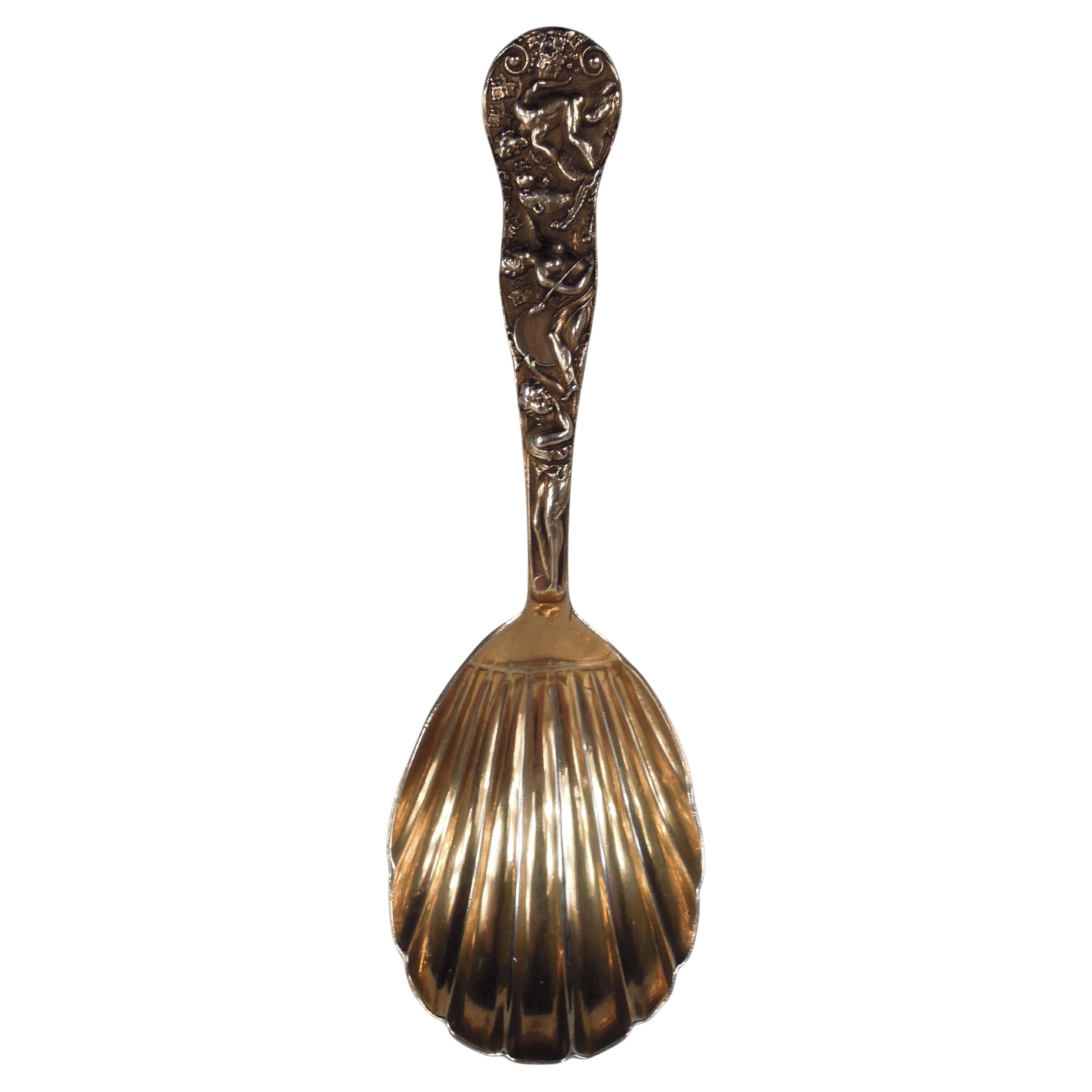 Antique English Victorian Stag Hunt Silver Gilt Tea Caddy Spoon, 1871