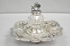 Antique English Victorian Stag Mounted Crystal Glass Inkwell Silver Plated Tray