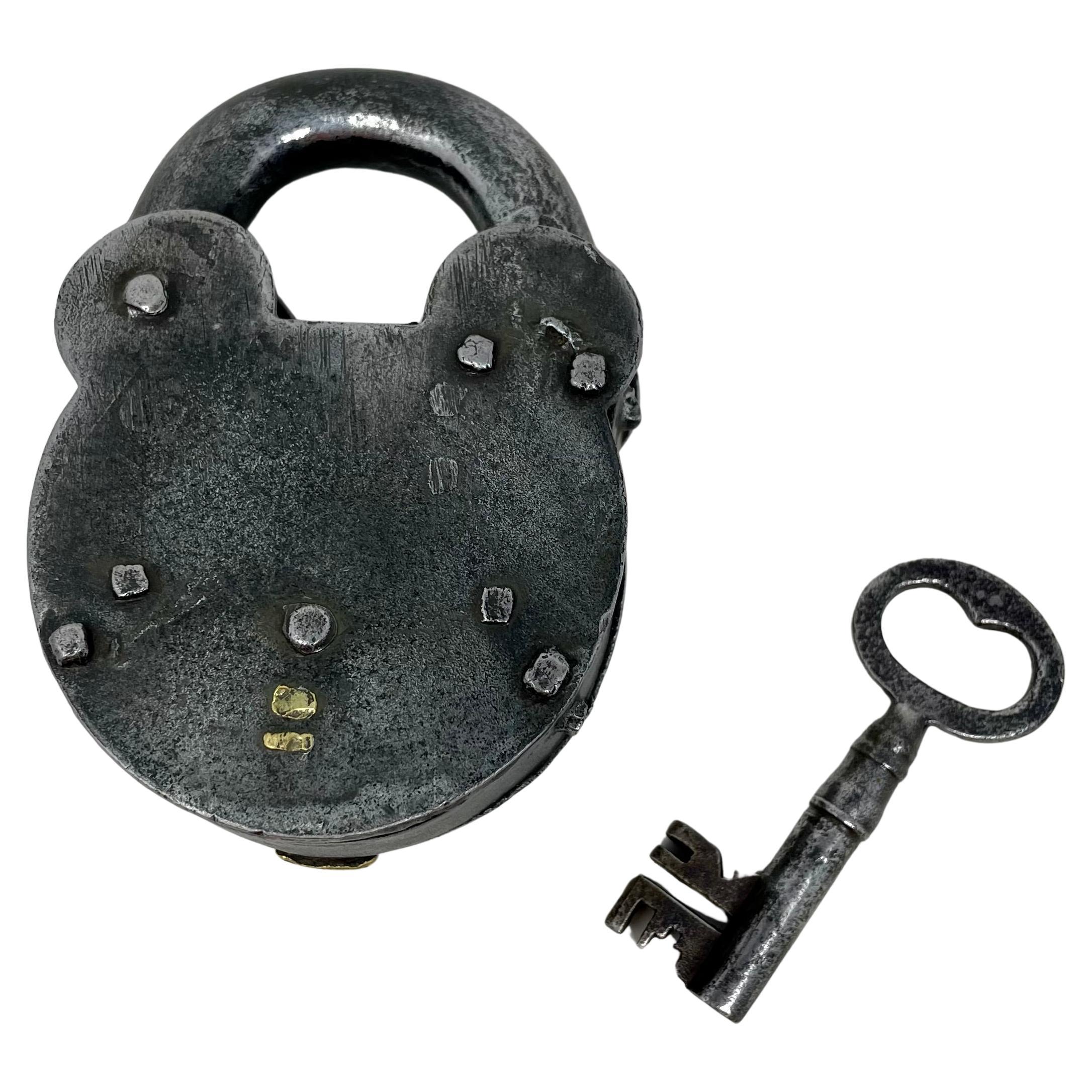 19th Century Antique English Victorian Steel and Brass Padlock with Key, Circa 1890's. For Sale