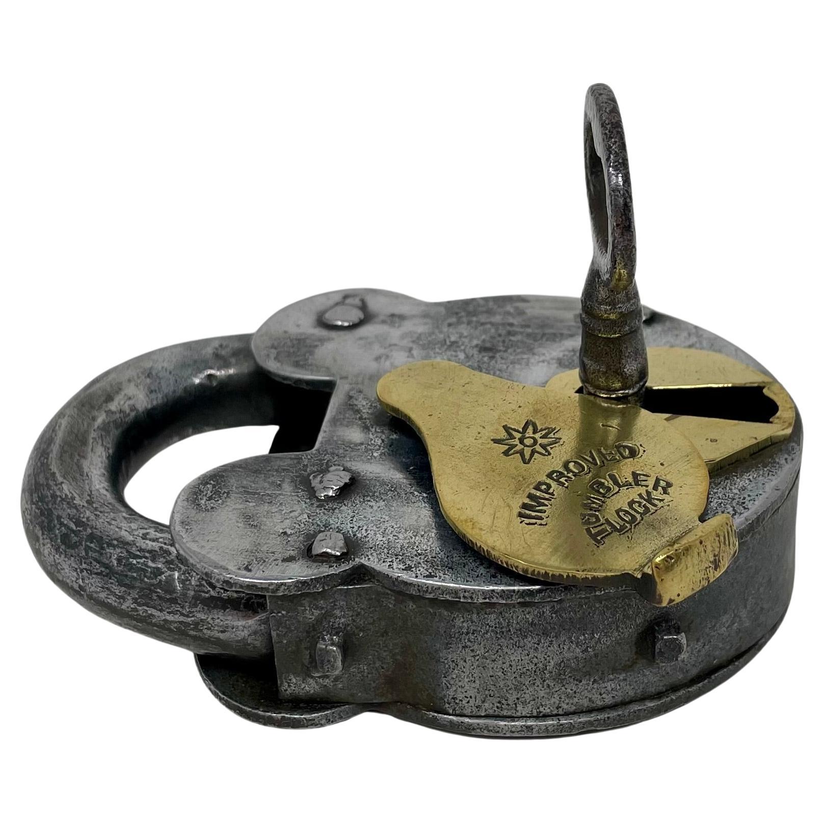 Antique English Victorian Steel and Brass Padlock with Key, Circa 1890's. For Sale 1