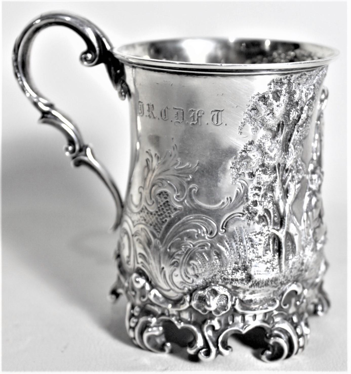 Hand-Crafted Antique English Victorian Sterling Silver Christening Cup with Boys Playing Tops For Sale