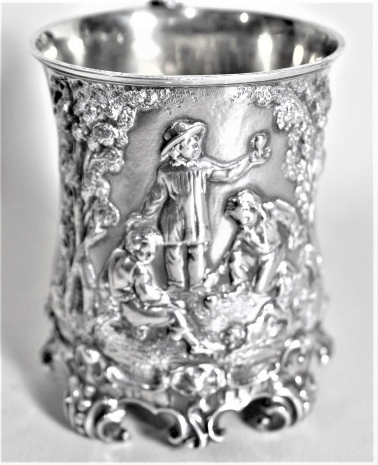 Antique English Victorian Sterling Silver Christening Cup with Boys Playing Tops For Sale 1