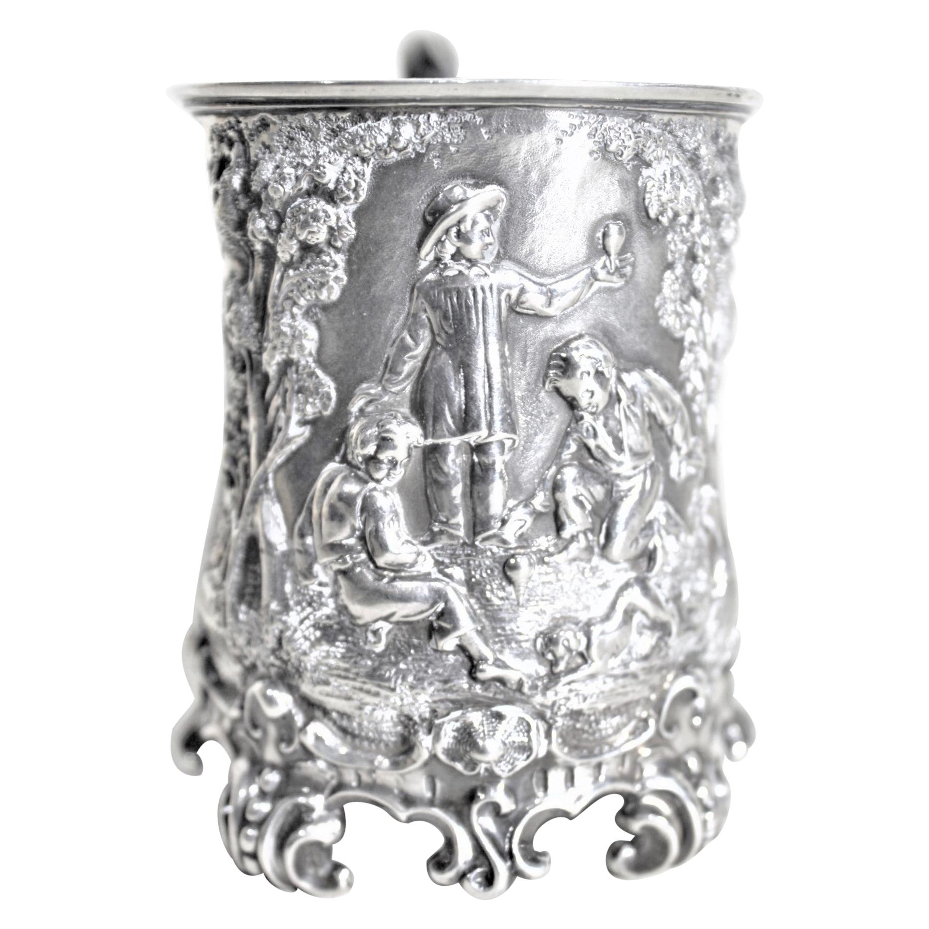 Antique English Victorian Sterling Silver Christening Cup with Boys Playing Tops