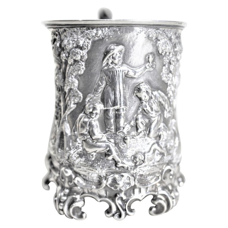 Antique English Victorian Sterling Silver Christening Cup with Boys Playing Tops For Sale