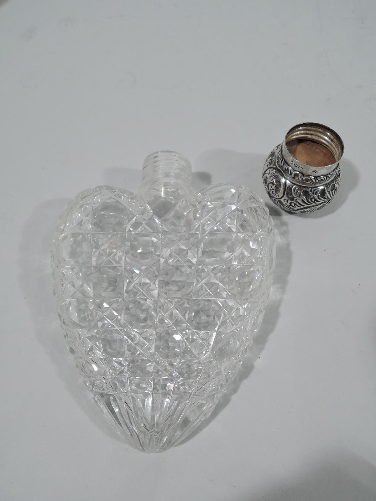 Antique English Victorian Sterling Silver and Cut-Glass Heart Flask In Excellent Condition In New York, NY
