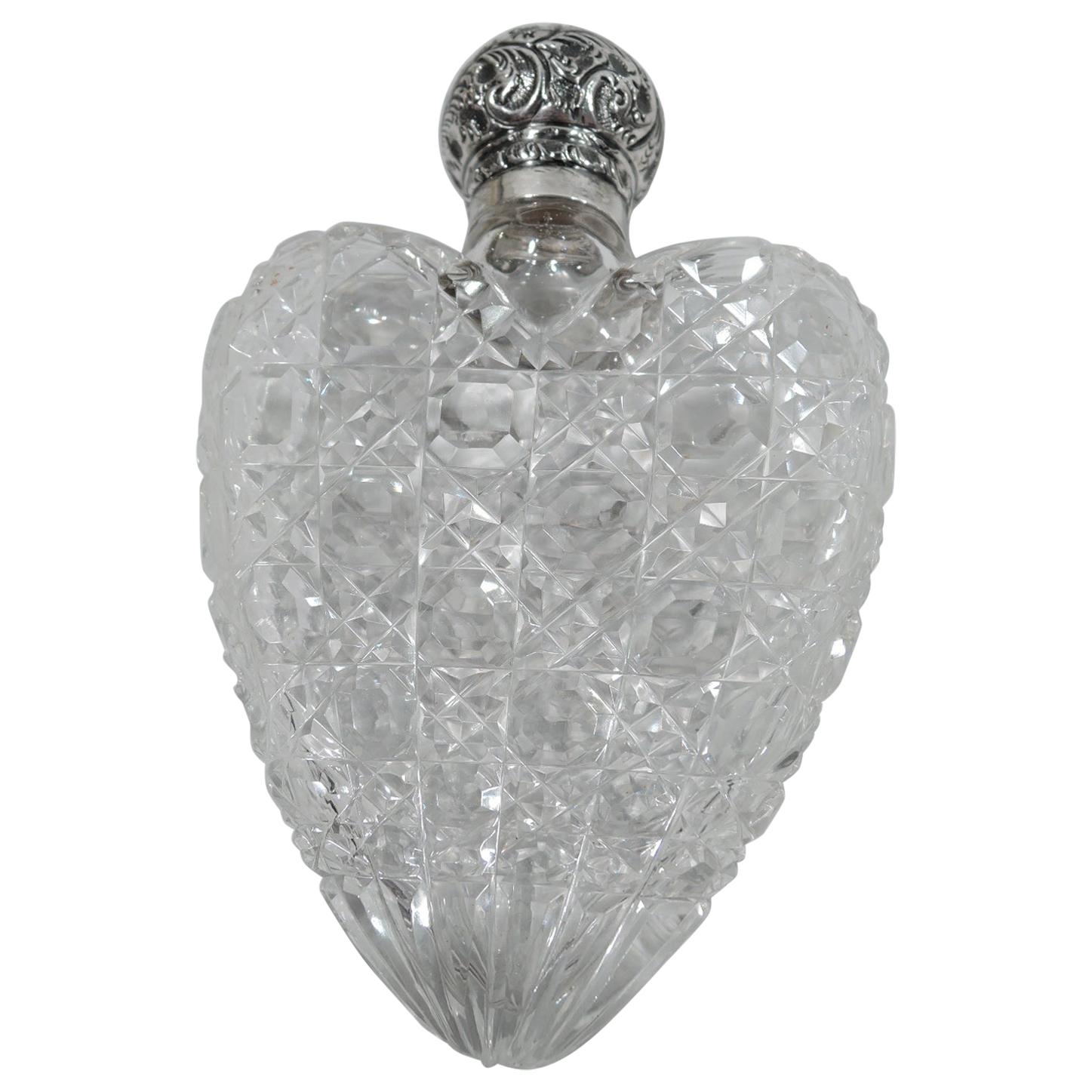 Antique English Victorian Sterling Silver and Cut-Glass Heart Flask