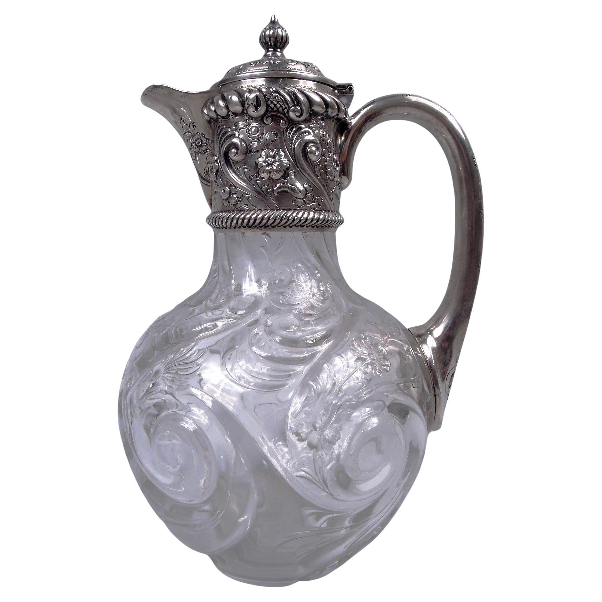 Antique English Victorian Sterling Silver & Rock Crystal-Cut Decanter For Sale