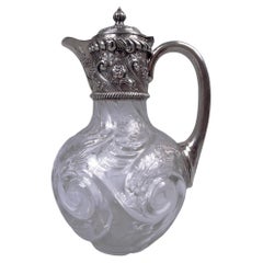 Ancienne carafe victorienne anglaise en argent sterling et cristal de roche taillé