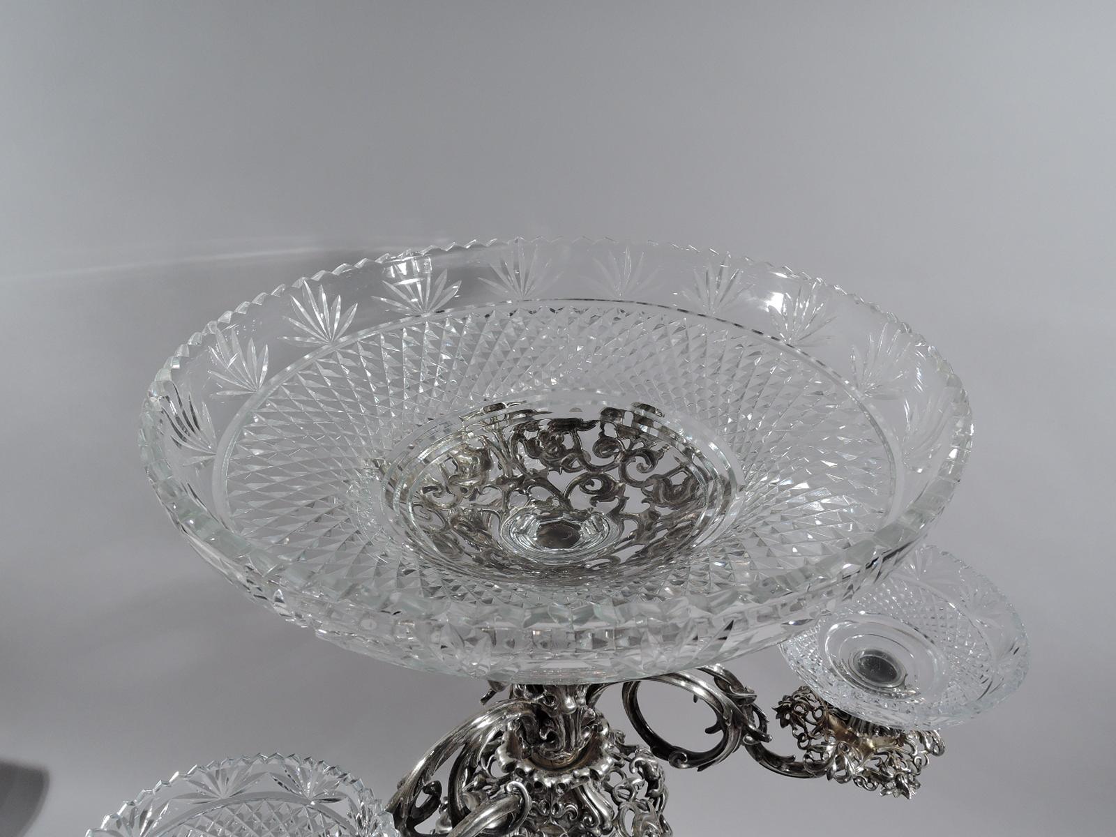 Antique English Victorian Sterling Silver and Glass Epergne Candelabrum In Excellent Condition In New York, NY