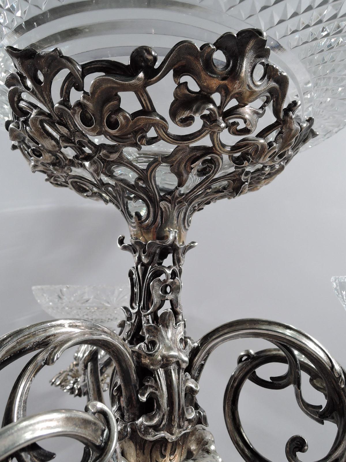 Mid-19th Century Antique English Victorian Sterling Silver and Glass Epergne Candelabrum