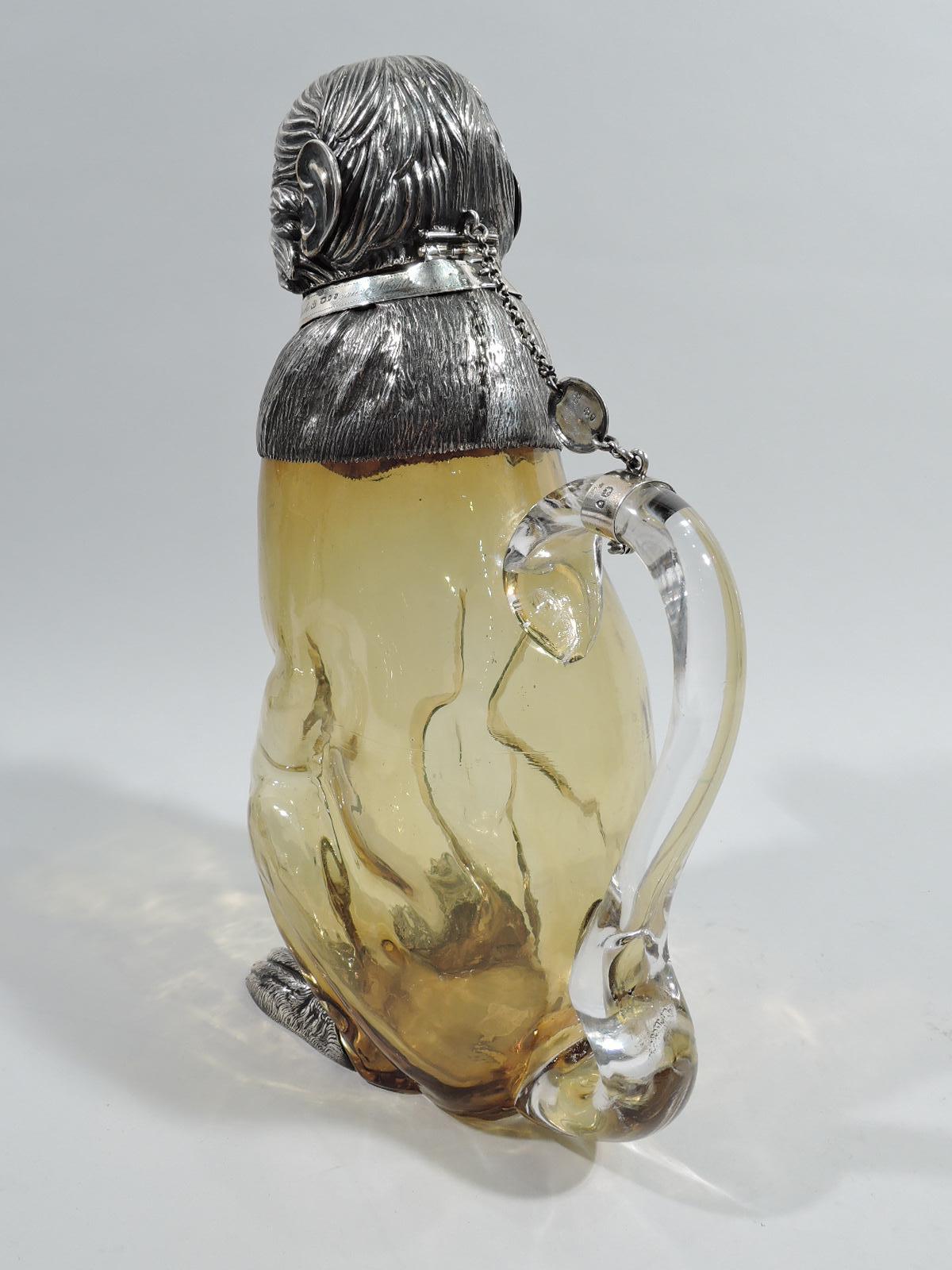 Antique English Victorian Sterling Silver & Glass Monkey Decanter In Excellent Condition In New York, NY