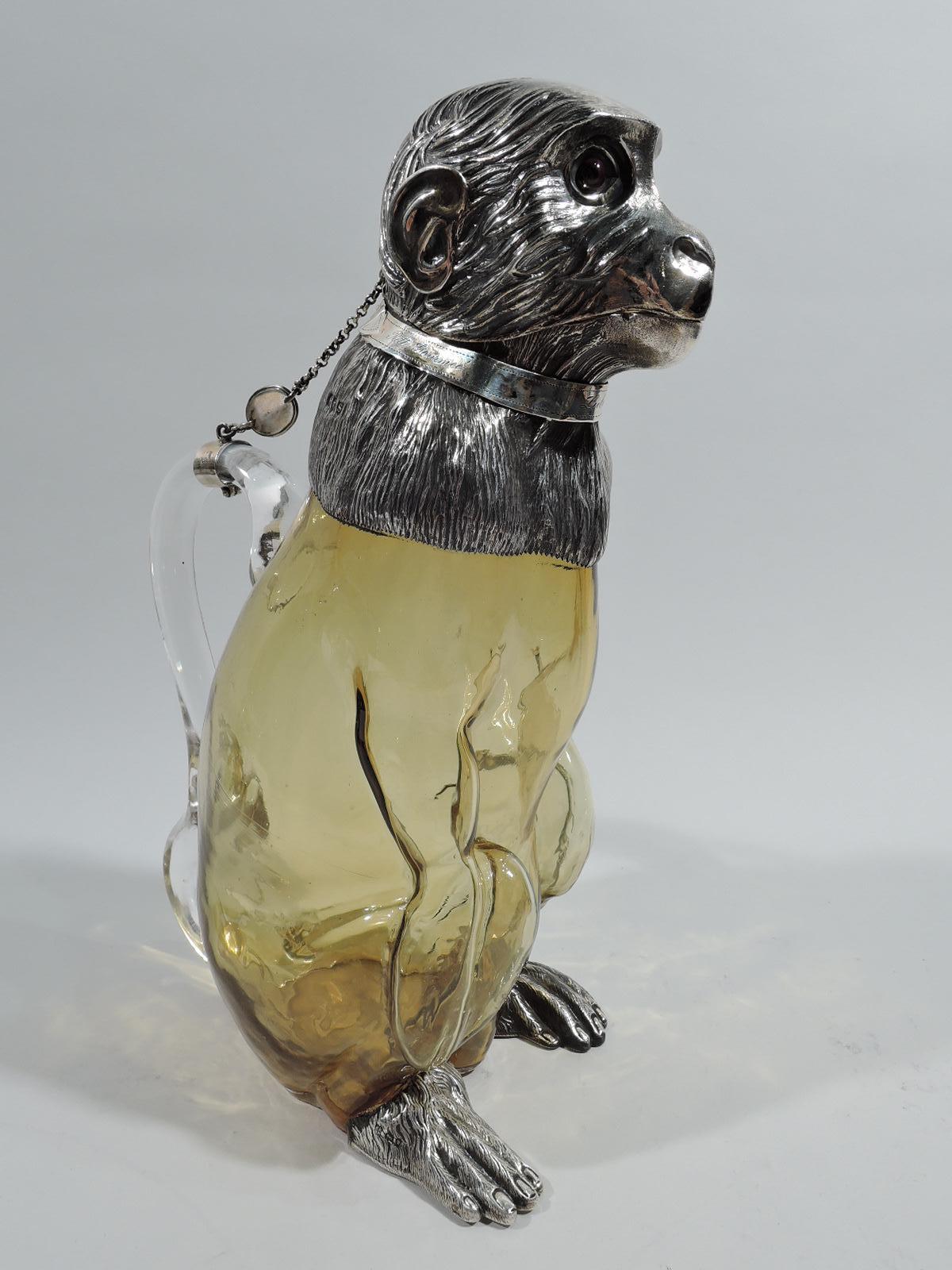 Late 19th Century Antique English Victorian Sterling Silver & Glass Monkey Decanter