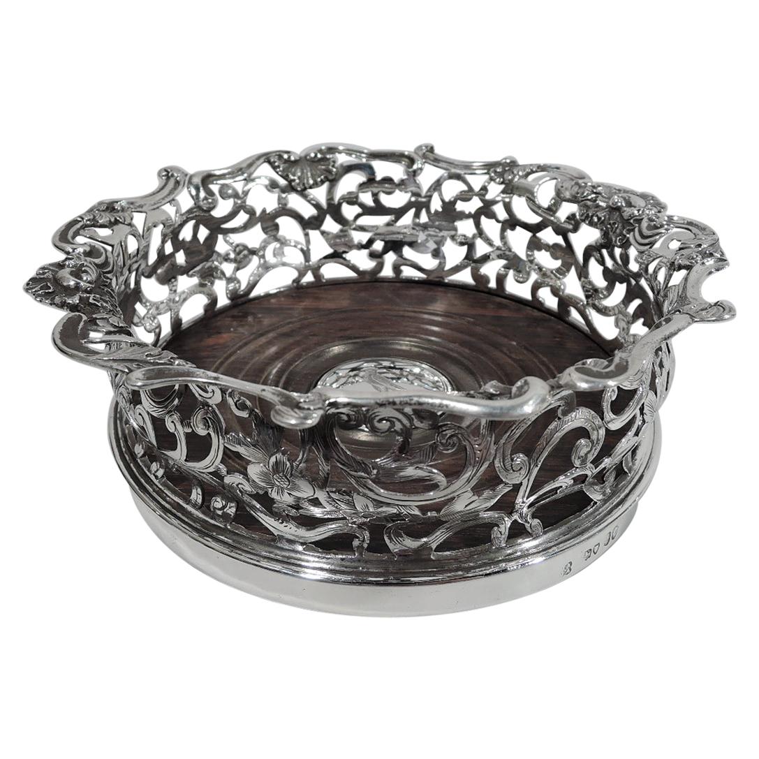 Antique English Victorian Sterling Silver Wine Bottle Coaster For Sale