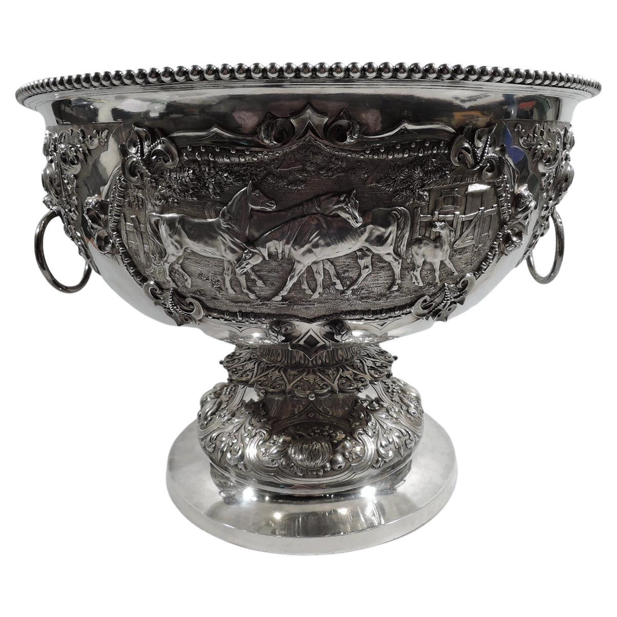 Antique English Victorian Sterling Silver Wine Cooler Centerpiece Horse Bowl
