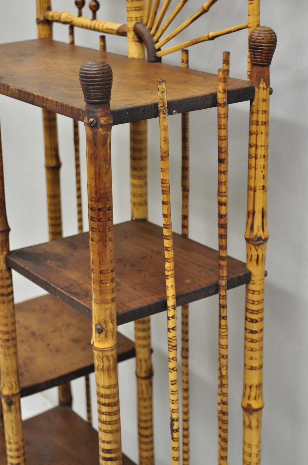 Antique English Victorian Stick and Ball Burnt Bamboo Curio Etagere Shelf Mirror For Sale 5
