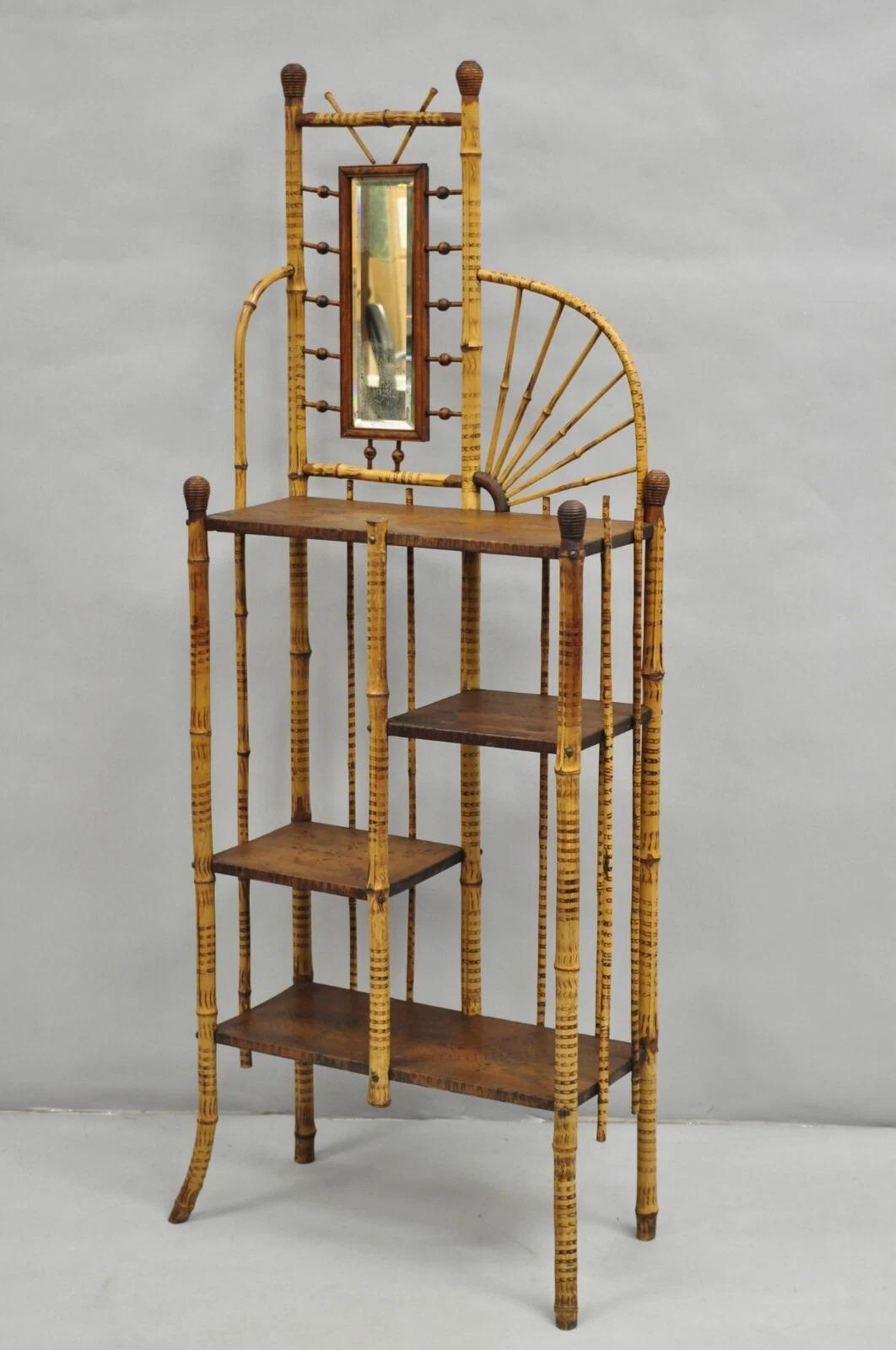 Antique English Victorian Stick and Ball Burnt Bamboo Curio Etagere Shelf Mirror For Sale 6