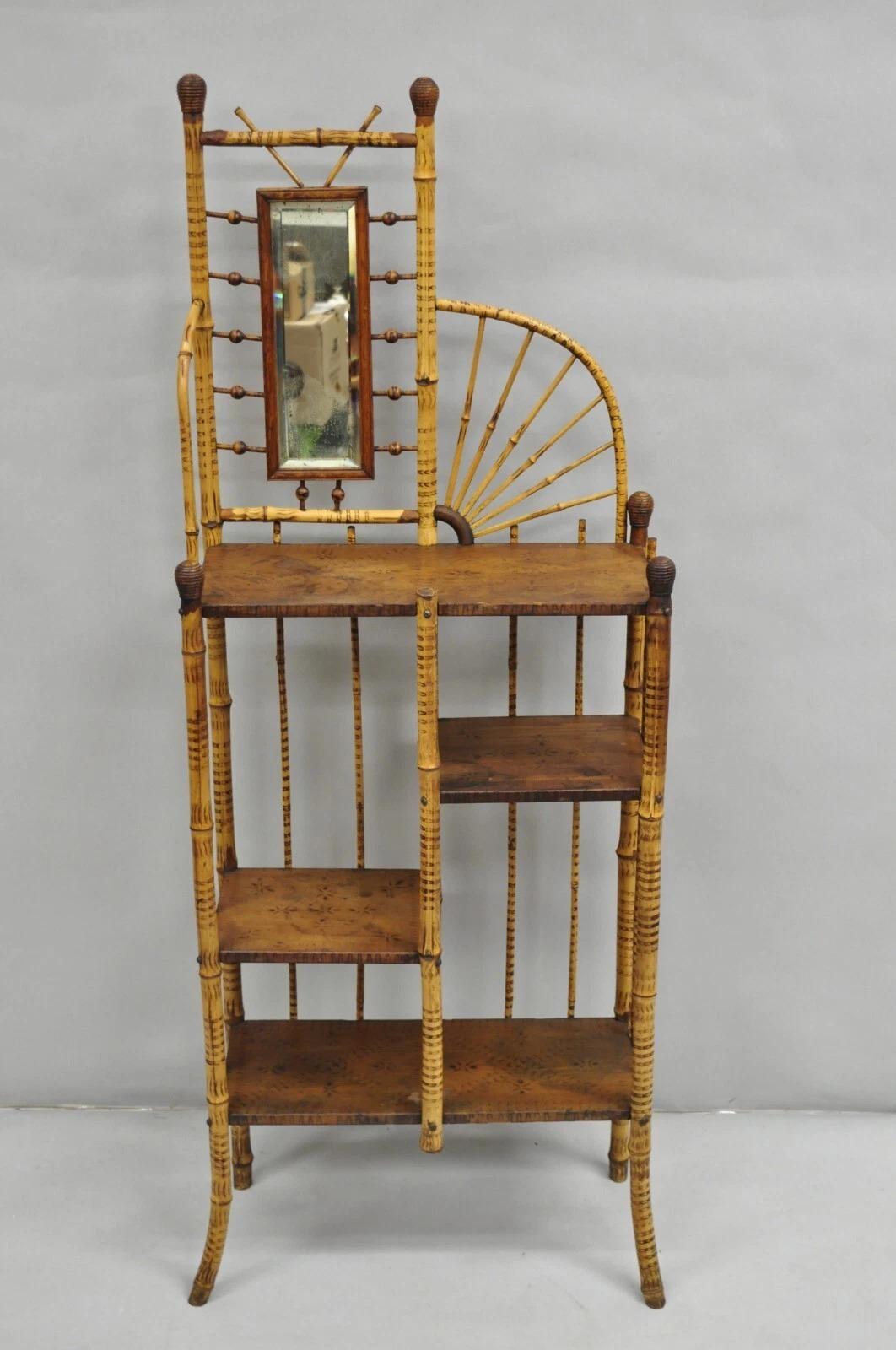 Antique English Victorian Stick and Ball Burnt Bamboo Curio Etagere Shelf Mirror For Sale 7