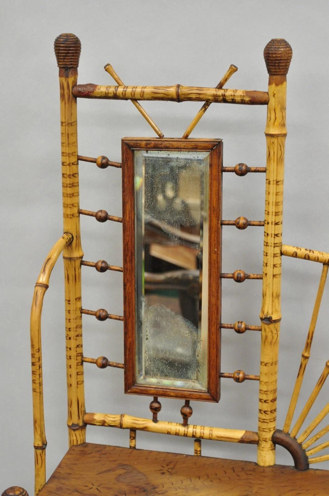 Unknown Antique English Victorian Stick and Ball Burnt Bamboo Curio Etagere Shelf Mirror For Sale