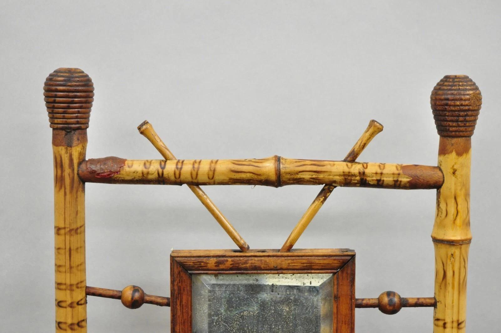 Antique English Victorian Stick and Ball Burnt Bamboo Curio Etagere Shelf Mirror In Good Condition For Sale In Philadelphia, PA