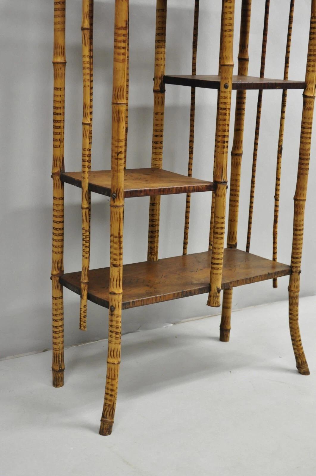 19th Century Antique English Victorian Stick and Ball Burnt Bamboo Curio Etagere Shelf Mirror For Sale