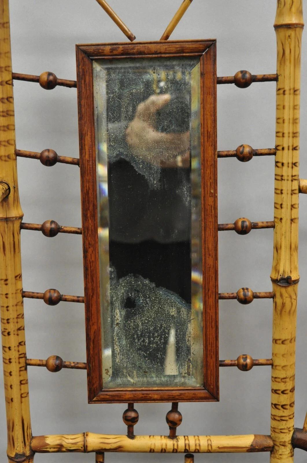Antique English Victorian Stick and Ball Burnt Bamboo Curio Etagere Shelf Mirror For Sale 1