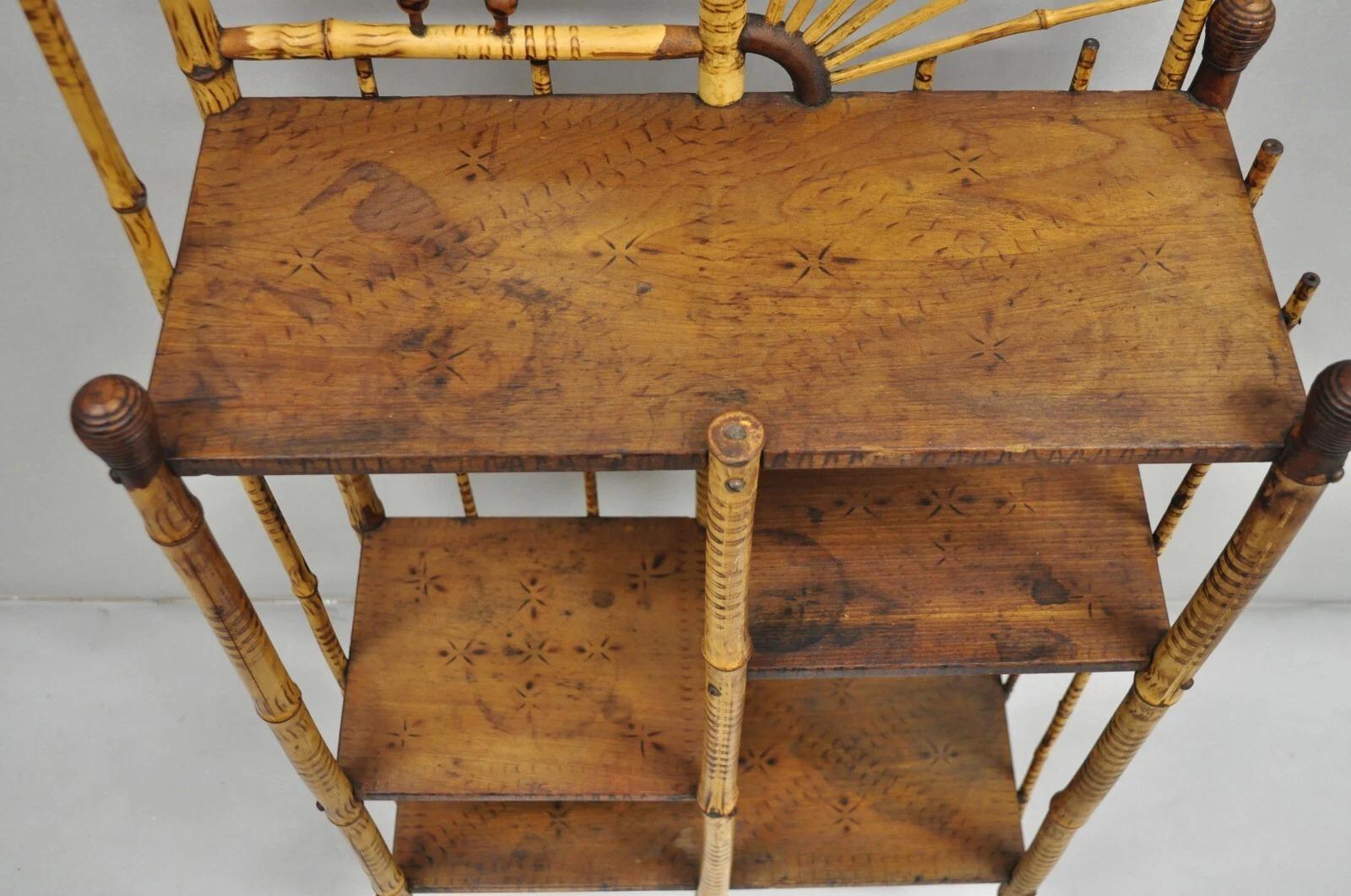 Antique English Victorian Stick and Ball Burnt Bamboo Curio Etagere Shelf Mirror For Sale 2